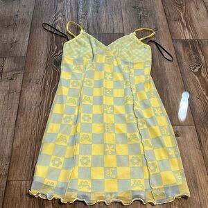 Yellow and Gray Floral Checkered Dress
